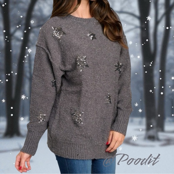 Peach Love California Sweaters - PEACH LOVE CALIFORNIA ever so soft sequin star charcoal sweater sz S M L